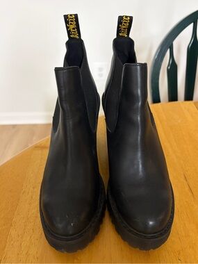 Dr. Martens Black Leather Chelsea Heeled Boots with Yellow Pull Tabs